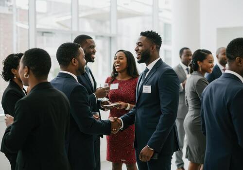 Business people shaking hands at a networking event photo
