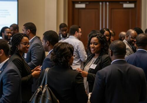 A group of people standing around in a room photo