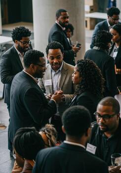 People at an event talking to each other photo