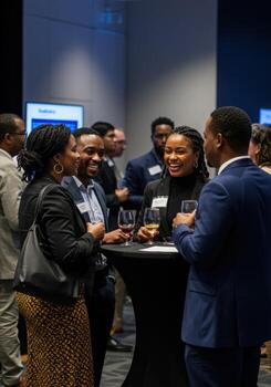 A group of people standing around a table photo