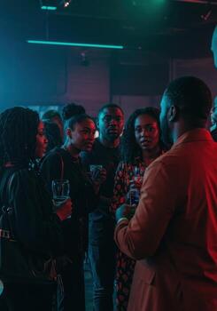 A group of people standing around at a party photo
