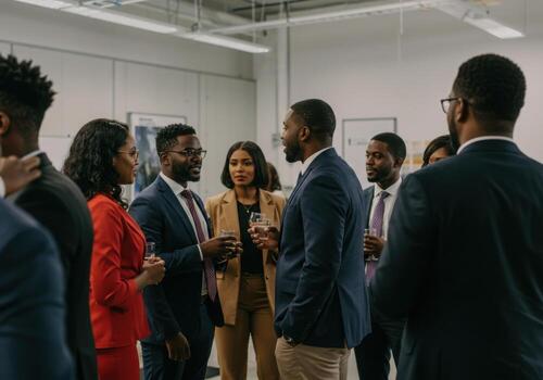 A group of business people standing around talking photo