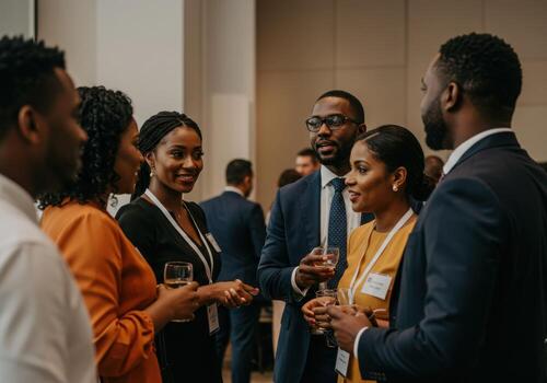 A group of people at an event talking photo