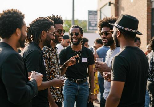 A group of men are having a conversation at an event photo
