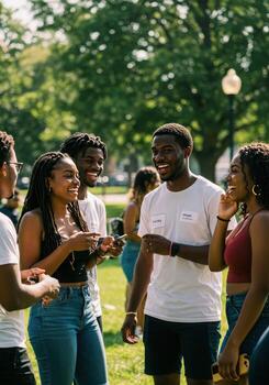 A group of young people talking and smiling in the park photo