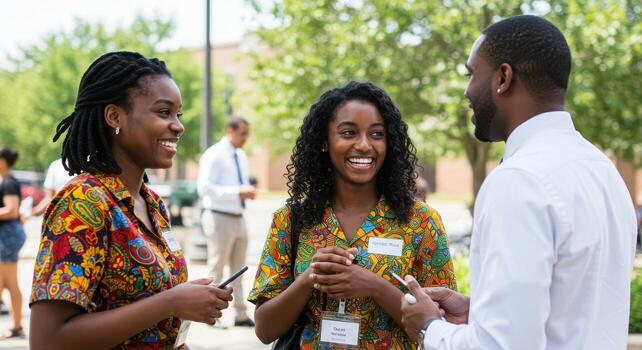 Three young people talking to each other at an event photo