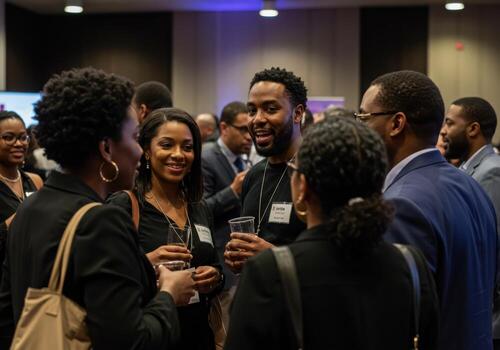 A group of people at an event talking and smiling photo