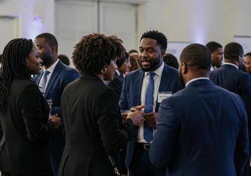 A group of people in suits and ties talking photo