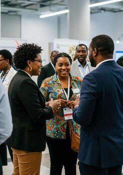 People talking at an event in a conference room photo
