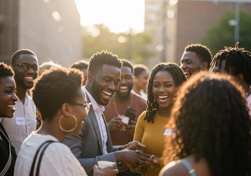 A group of people are smiling and talking photo