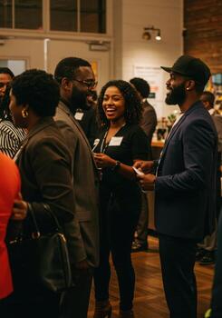 People talking at an event in a business setting photo