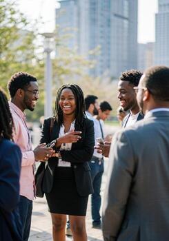 A group of business people talking and smiling photo