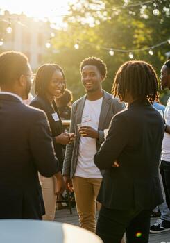 A group of people standing around talking photo