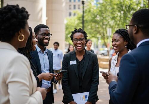 A group of people talking and smiling photo