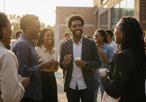 Group of people having a conversation outside photo