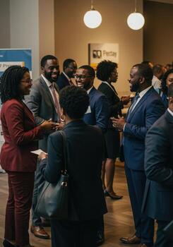 A group of people standing around in a business event photo