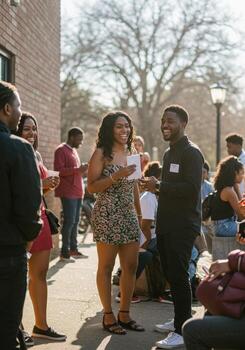 A group of people standing outside talking to each other photo