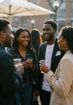 A group of people smiling and talking at an event photo