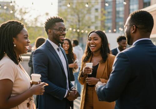 Group of business people having a conversation at an event photo