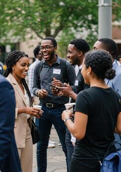 A group of people talking and smiling at an event photo