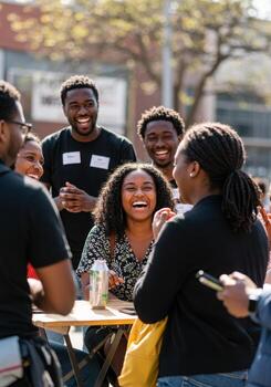 A group of people laughing and smiling at a table photo