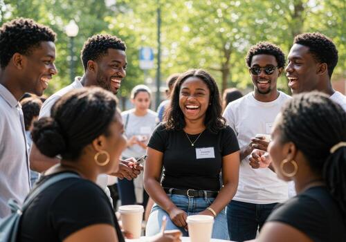 A group of young people smiling and talking at a table photo