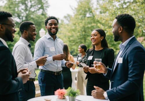 A group of people having a conversation at an event photo
