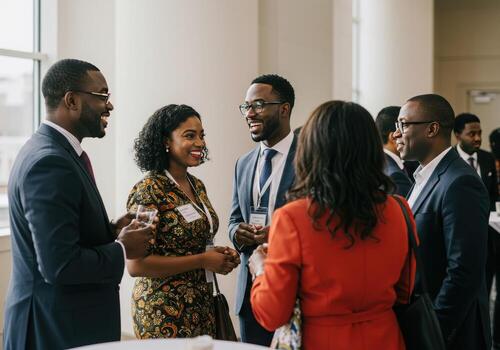 A group of business people talking at a networking event photo
