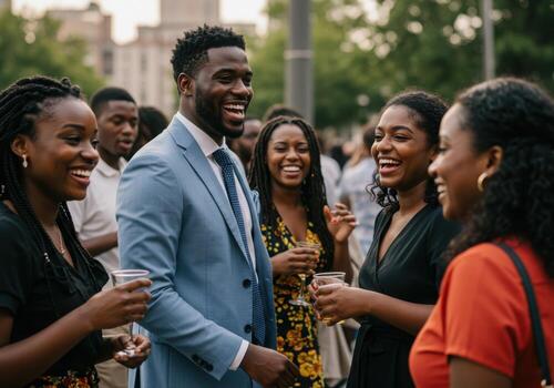 A group of people are smiling and having a conversation photo