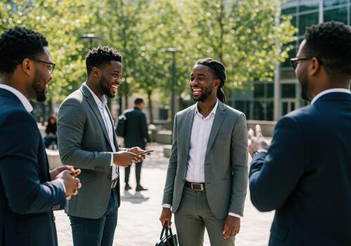 Three business men talking and smiling in an outdoor setting photo