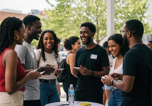 A group of young people smiling and talking at an event photo