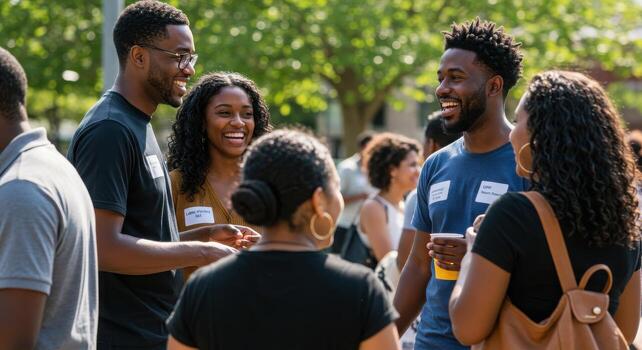 A group of people smiling and talking together photo