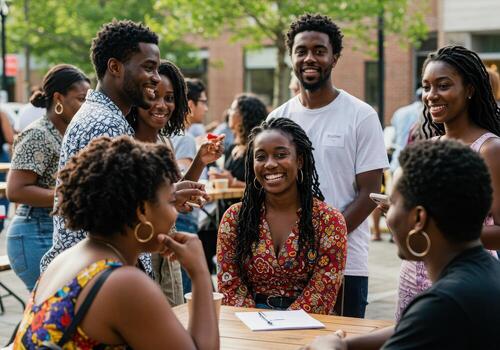 A group of young people are having a conversation at a table photo