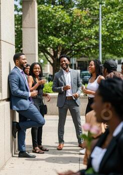 A group of people standing outside a building photo