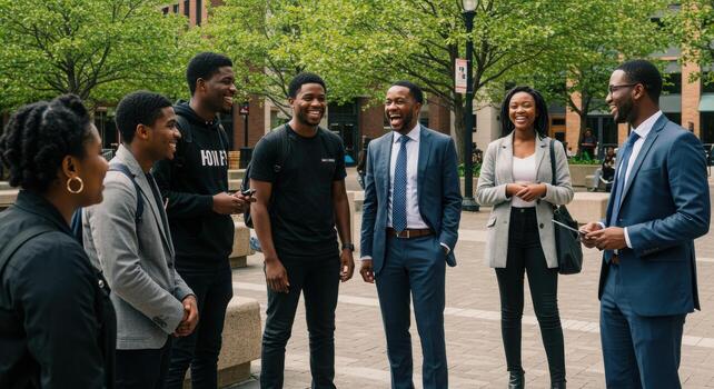 A group of young men in suits and ties talking to each other photo