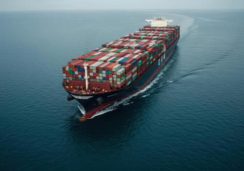 Massive container ship sails across vast ocean, symbolizing global trade and powerful logistics delivering goods worldwide. photo