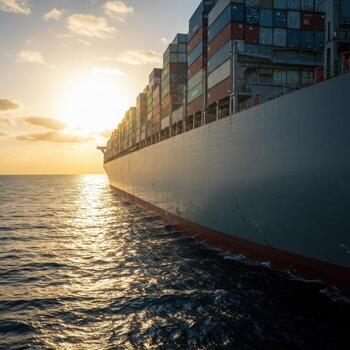 Massive container ship sails across ocean at golden hour, reflecting sunlight on dynamic waves, symbolizing global trade and logistics. photo