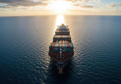 Massive container ship sails across calm ocean at sunset with golden light reflecting on water, symbolizing global trade and logistics. photo