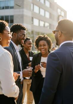 Joyful diverse professionals connect and laugh during a vibrant outdoor networking event, building strong business relationships under warm sunlight. photo