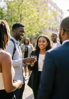 Joyful diverse professionals connect and celebrate at an outdoor networking event, fostering collaboration and community in a vibrant urban setting. photo
