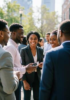 Diverse professionals connect and share ideas joyfully during an outdoor urban networking event, fostering collaboration and growth photo
