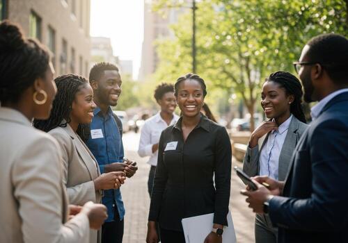 Diverse group of professionals engaging in animated conversation and networking outdoors on a sunny day photo