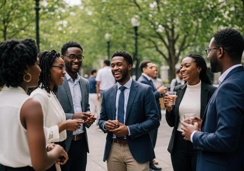 Joyful diverse professionals celebrating successful collaboration during outdoor business networking event, sharing laughter and drinks in a vibrant urban setting. photo