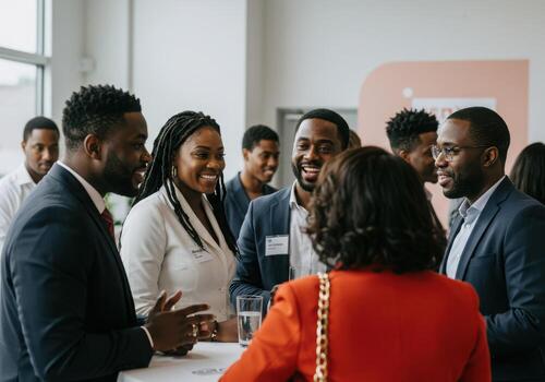 Diverse professionals connect and smile at a vibrant networking event, fostering collaboration and new opportunities in a modern, bright setting. photo