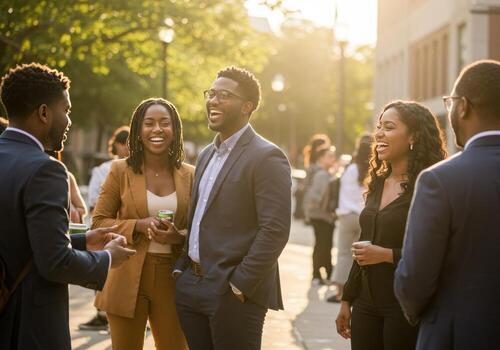 Diverse professionals in suits laughing and networking outdoors during a warm evening golden hour event. photo