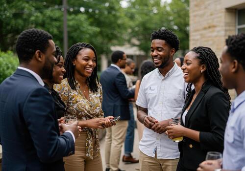 Diverse professionals connect and celebrate success during a vibrant outdoor networking event, fostering collaboration and community spirit. photo