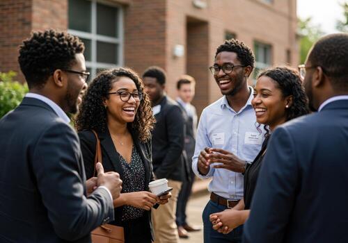 Diverse professionals engaging in animated conversation, fostering connections and collaboration outside a modern building photo