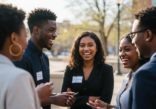 Diverse young professionals connect and laugh during an outdoor networking event, sharing ideas and building connections with smiles. photo