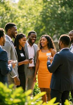 Diverse professionals in stylish attire connect and laugh outdoors, embodying modern collaboration and vibrant camaraderie in a sunlit setting. photo