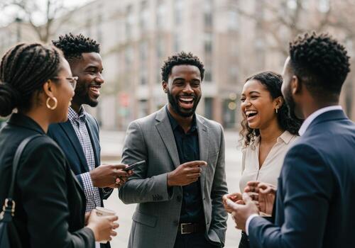 Dynamic group of diverse business professionals sharing laughter and conversation outdoors, radiating positivity and collaboration. photo